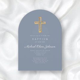 Modern Dusty Blue Religiösa Kor Boy Baptism Arch Inbjudningar