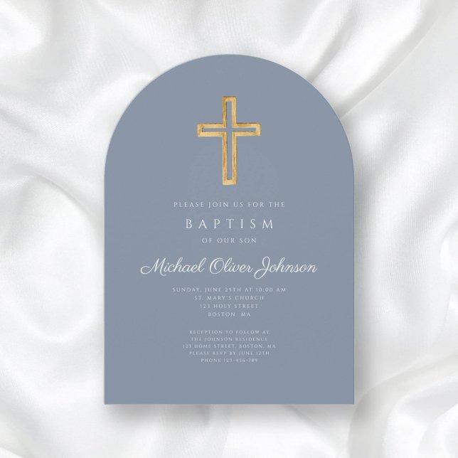 Modern Dusty Blue Religiösa Kor Boy Baptism Arch Inbjudningar (Modern Dusty Blue Religious Cross Boy Baptism Arch Invitation)