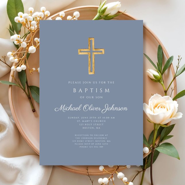 Modern Dusty Blue Religiösa Kor Boy Baptism Inbjudningar (Modern Dusty Blue Religious Cross Boy Baptism Invitation)