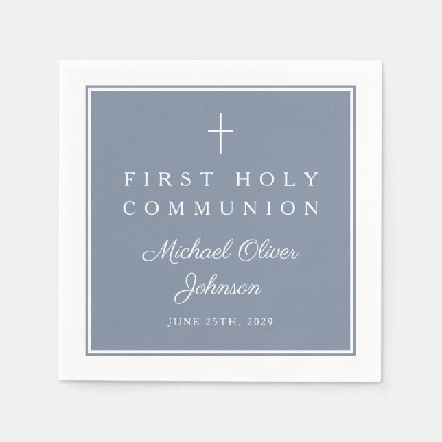 Modern Dusty Blue Religious Boy First Communion Pappersservett (Framsidan)