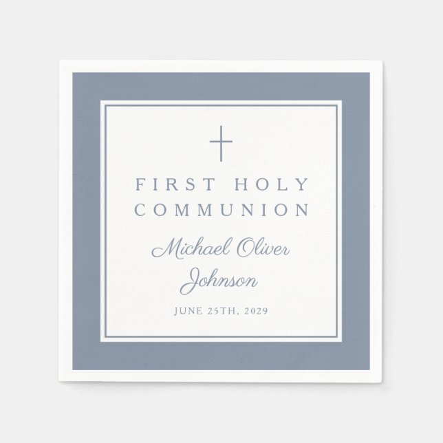 Modern Dusty Blue Religious Boy First Communion Pappersservett (Framsidan)