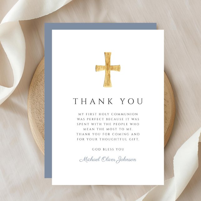 Modern Dusty Blue Religious Boy First Communion Tack Kort (Modern Dusty Blue Religious Boy First Communion Thank You Card)