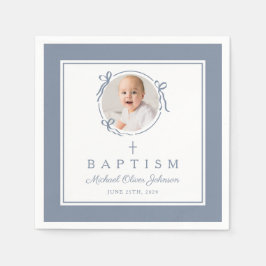 Modern Dusty Blue Religius Cross Boy Baptism Pappersservett