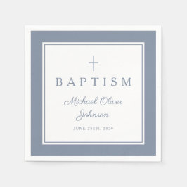 Modern Dusty Blue Religius Cross Boy Baptism Pappersservett