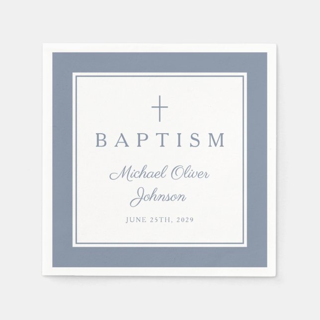 Modern Dusty Blue Religius Cross Boy Baptism Pappersservett (Framsidan)