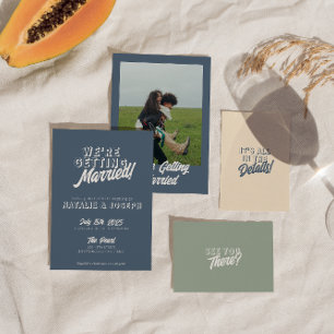 Modern Dusty Blue Retro Fold Funky Bröllop Inbjudningar