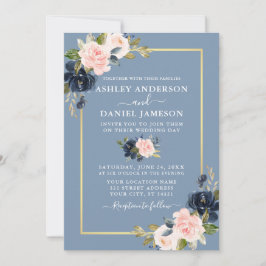 Modern Dusty Blue Rosa  Blommigten Guld Bröllop Inbjudningar