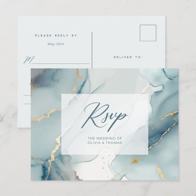 Modern Dusty Blue Script Beach Wedding Meal OSA Inbjudan Vykort (Fram/baksida)