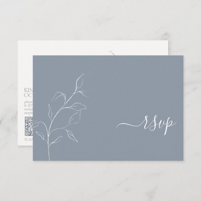 Modern Dusty Blue Script Botanical QR Code OSA (Fram/baksida)