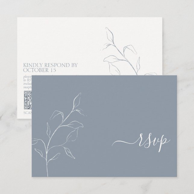 Modern Dusty Blue Script Botanical QR Code OSA Kort (Fram/baksida)