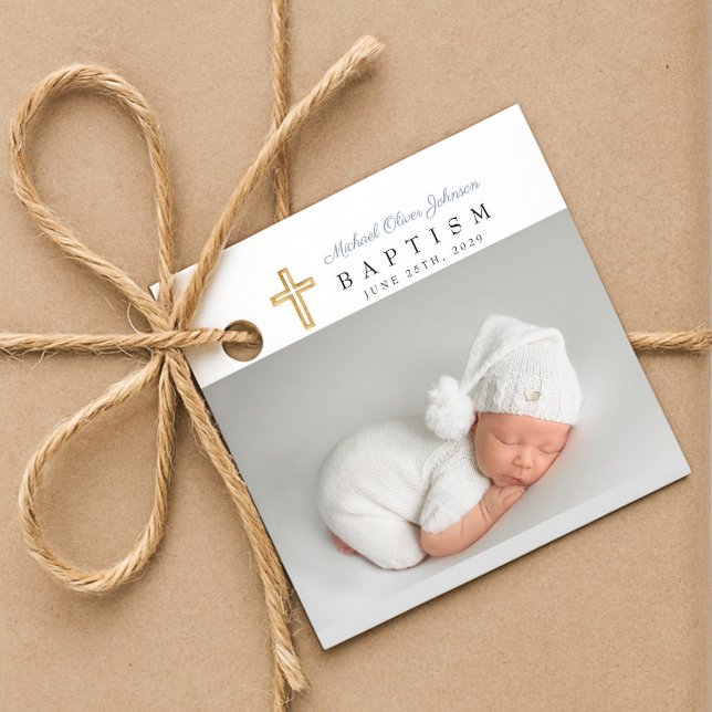 Modern Dusty Blue Script Photo Baptism Gåvor Etiketter (Modern Dusty Blue Script Photo Baptism Favor Tags
)