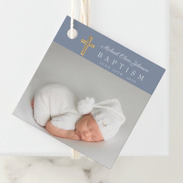 Modern Dusty Blue Script Photo Baptism Tack Gåvor Etiketter (Modern Dusty Blue Script Photo Baptism Thank You Favor Tags)