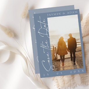 Modern Dusty Blue Script Photo Bröllop Spara Datumet