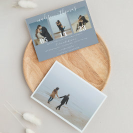 Modern Dusty Blue Script Photo Collage Bröllop Inbjudningar