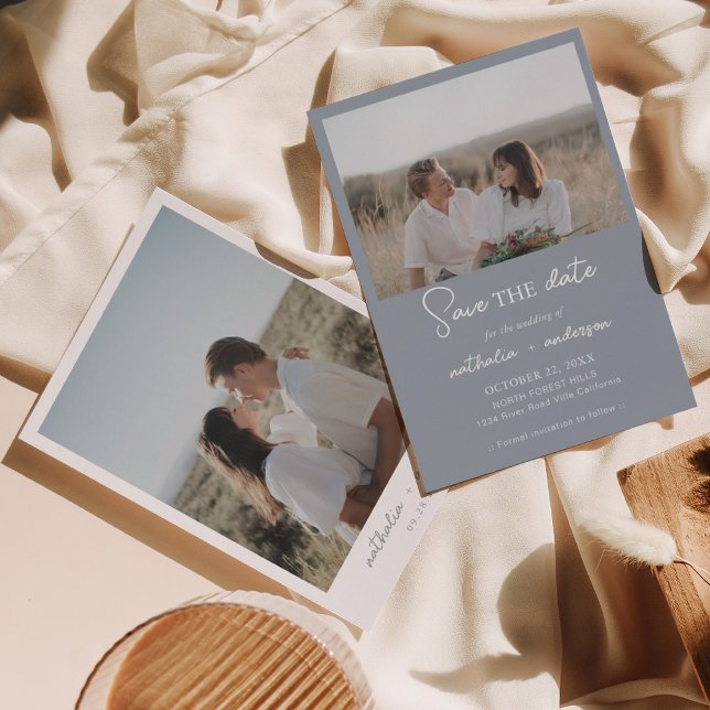 Modern Dusty Blue Script Photo Save Date Inbjudningar (Skapare uppladdad)
