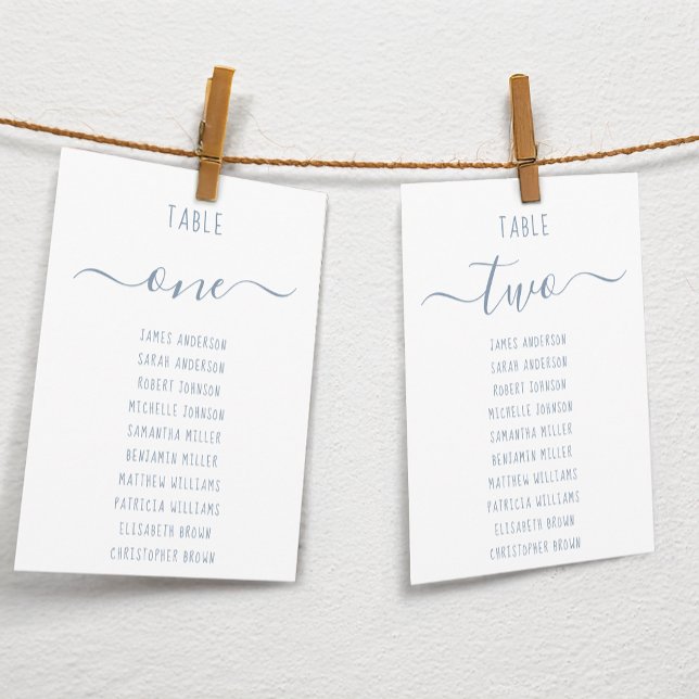 Modern Dusty Blue Script White Seating Chart Card (Skapare uppladdad)