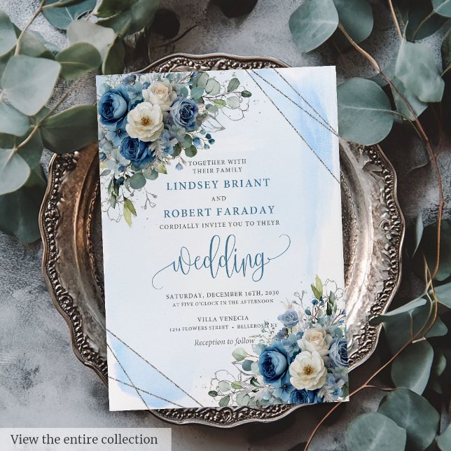 Modern Dusty Blue Silver Blommigt Bröllopsinbjudan Inbjudningar (Modern Dusty Blue Silver Floral Wedding Invitation)