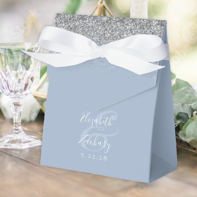 Modern Dusty Blue Silver Glitter Bröllop Presentaskar (Skapare uppladdad)