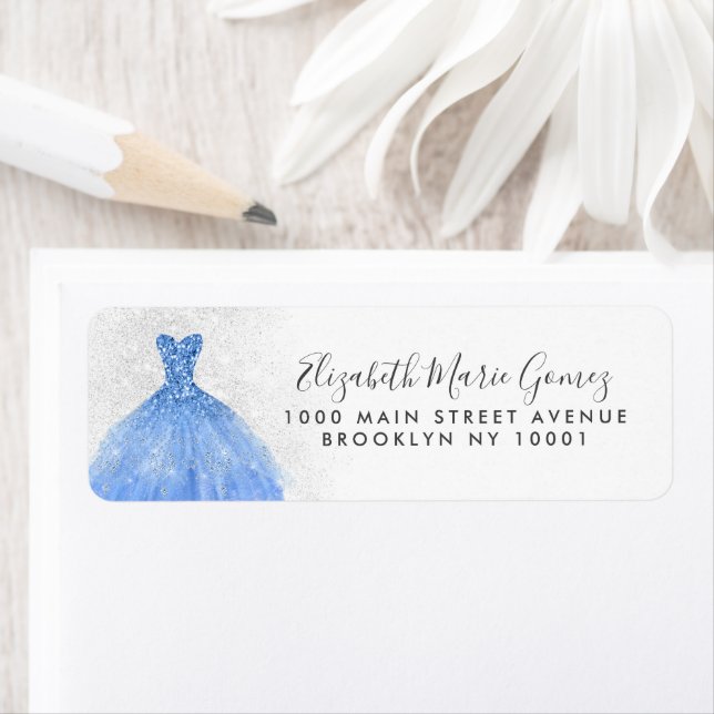 Modern Dusty Blue Silver Glitter Gown Quinceanera Returadress Etikett (Insitu)