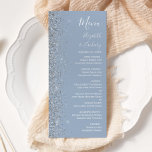 Modern Dusty Blue Silver Glitter Kant Bröllop Meny<br><div class="desc">Den moderna bröllop-menyn på den lämnat kant i eleganten har en silver faux glitter-design. Anpassadet kombinerar vit handskrift,  tryckplåt och kursivt typsnitt på en dammig blå bakgrund. Den omvända sidan har en dammig blå och silver glitter-design.</div>