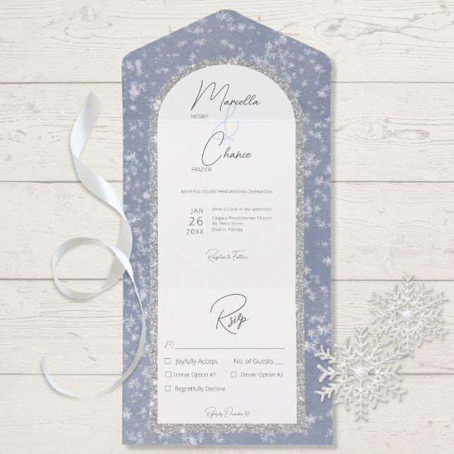 Modern Dusty Blue & Silver Glitter Snö Middag (Skapare uppladdad)