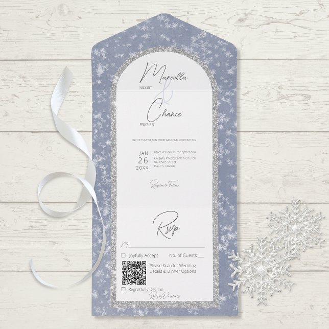 Modern Dusty Blue & Silver Glitter Snö QR-kod (Skapare uppladdad)