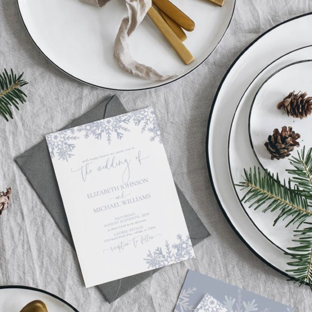 Modern Dusty Blue Snowflake Winter Wedding Inbjudningar (Embrace the magic: Join us for a winter wonderland wedding)