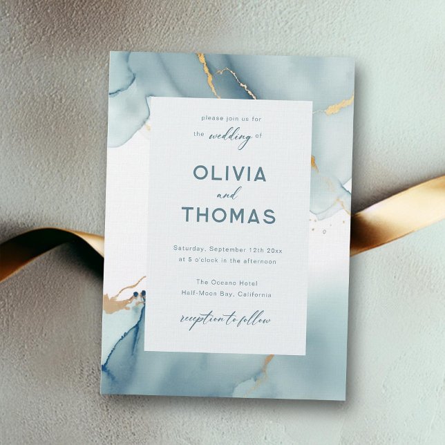Modern Dusty Blue Teal Elegant Ram Beach Wedding Inbjudningar (dusty blue teal beach wedding invitation modern simple frame elegant bohemian boho chic romantic)
