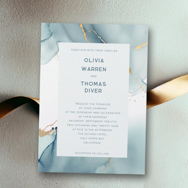 Modern Dusty Blue Teal Typography Beach Wedding Inbjudningar (dusty blue beach wedding invitation teal typography modern simple frame elegant bohemian romantic)