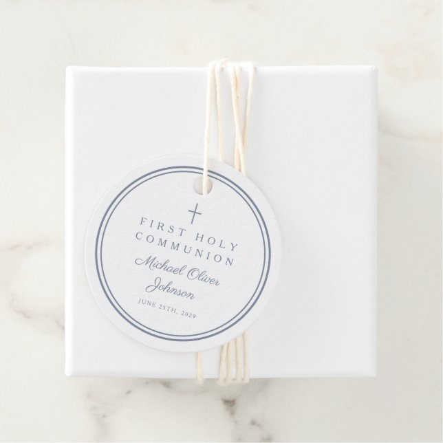 Modern Dusty Blue Thank You Boy First Communion Gåvor Etiketter (På plats)