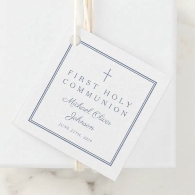 Modern Dusty Blue Thank You Boy First Communion Gåvor Etiketter (Modern Dusty Blue Thank You Boy First Communion Favor Tags)