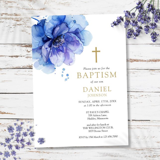 Modern Dusty Blue Watercolor Blommigt Baptism Inbjudningar (Modern Dusty Blue Watercolor Floral Baptism Invitation)
