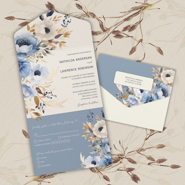 Modern Dusty Blue Watercolor Blommigt Winter Weddi (Dusty Blue Floral Winter Wedding All In One Invitation)