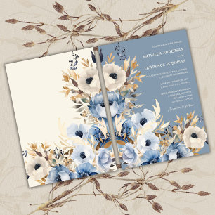 Modern Dusty Blue Watercolor Blommigt Winter Weddi Inbjudningar