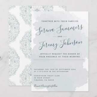 Modern Dusty Blue Watercolor Tvättar Beach Wedding Inbjudningar
