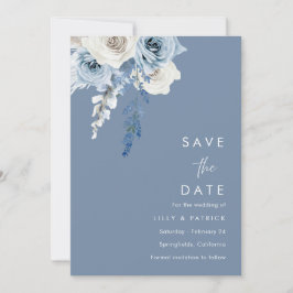 Modern Dusty Blue & White Blommigt Bröllop Spara Datumet