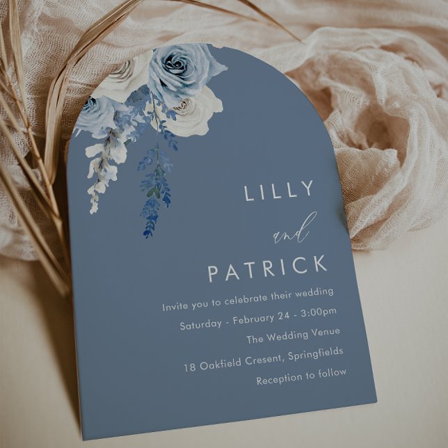 Modern Dusty Blue & White Boho Arch Bröllop Inbjudningar (Skapare uppladdad)
