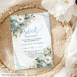 Modern Dusty Blue White Peonies Sweet 16 Inbjudan