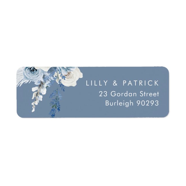 Modern Dusty Blue White Returadress Bröllop Returadress Etikett (Framsidan)