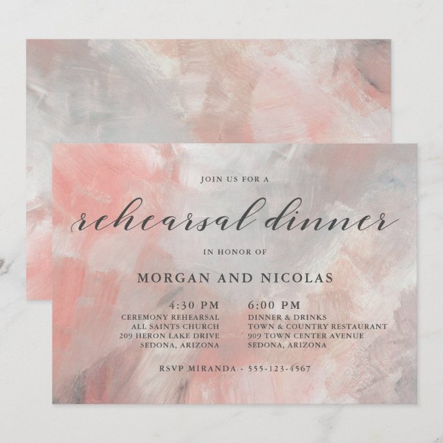 Modern Dusty Coral Abstrakt Rehearsal Dinner Inbjudningar (Fram/baksida)