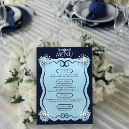 Modern Dusty Light Blue Boho Blommigt Navy Bröllop Meny
