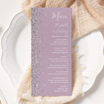 Modern Dusty Lila Lilac Silver Glitter Bröllop Meny<br><div class="desc">Den moderna bröllop-menyn på den lämnat kant i eleganten har en silver faux glitter-design. I anpassadet kombineras vit handskrift,  tryckplåt och kursivt typsnitt på en dammig lila bakgrund. Den omvända sidan har en matchande dammig lavender- och silver glitter-design.</div>