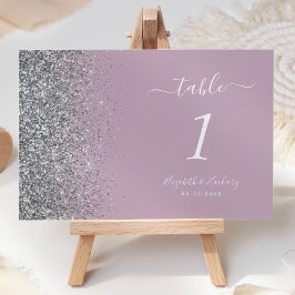 Modern Dusty Lila Silver Glitter Kant Bröllop Bordsnummer