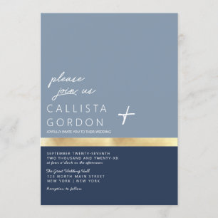 Modern Dusty Navy Blue Guld Färg Block Bröllop Inbjudningar