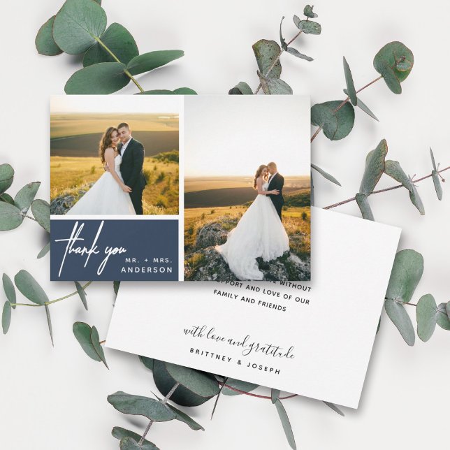 Modern Dusty Navy Blue Photo Collage Tack (Two photo hand lettered thank you wedding card with a minimalistic design perfect for any couple.)