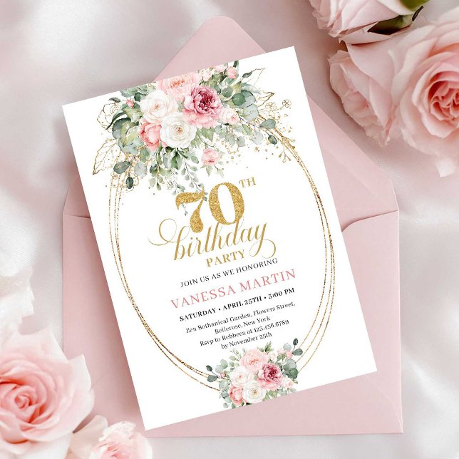 Modern dusty pink floral gold 70th birthday invite inbjudningar (Modern dusty pink floral gold 70th birthday invitation  )