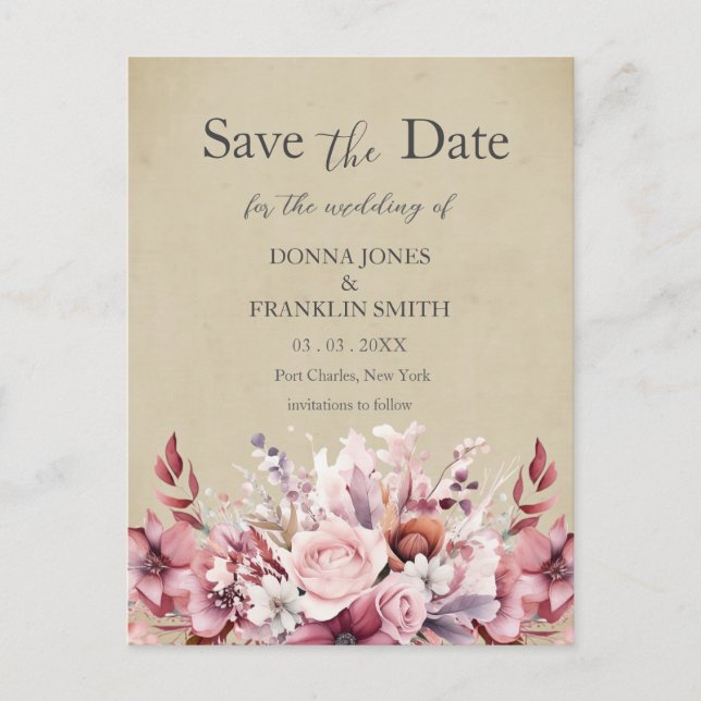 Modern Dusty Pink Rose Wedding Save the Date Vykort (Framsida)