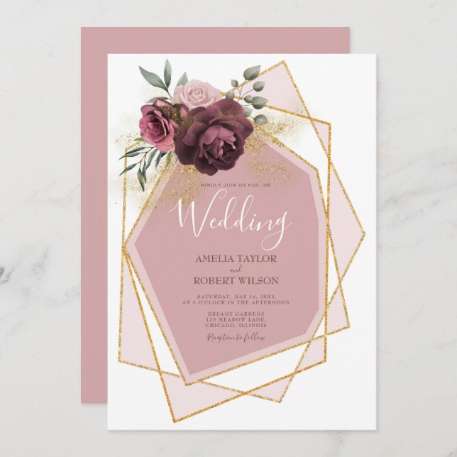 Modern Dusty Ro Blommigt Guld Geometric Inbjudningar (Fram/baksida)