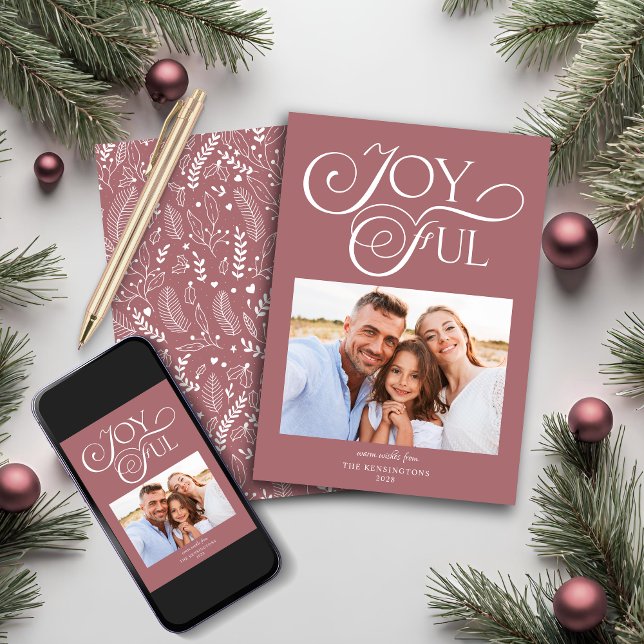 Modern Dusty Ro Mönster Glatt Helgdag Foto Julkort (Modern Dusty Rose Pattern Joyful Holiday Photo Card)