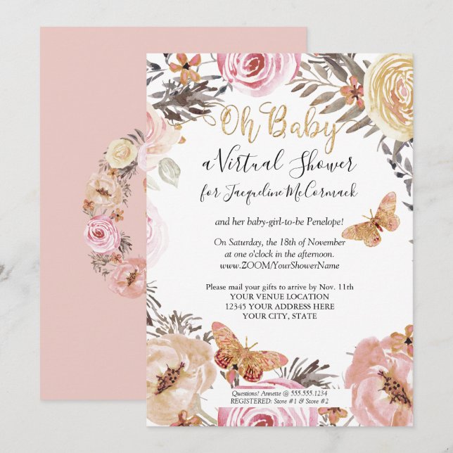 Modern Dusty Rosa Blommigt Butterfly Virtuell Show Inbjudningar (Fram/baksida)